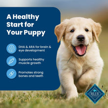 Blue Buffalo puppy health benefits panel with DHA & ARA and golden retriever puppy