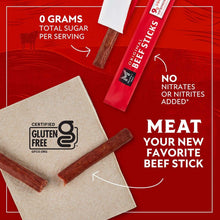 Red beef sticks package with gluten-free label and no nitrates or nitrites added claim.