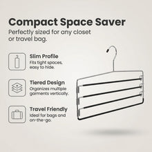 Metal 4-tier pant and skirt hanger with slim profile and tiered four-bar design