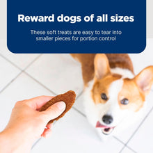Jerky dog treat cut held in hand, with small dog in background