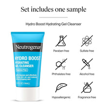 Neutrogena Hydro Boost hydrating gel cleanser tube with paraben- and sulfate-free icons