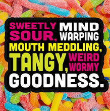 Sour gummy candy bag close-up with colorful worms and bold lettering