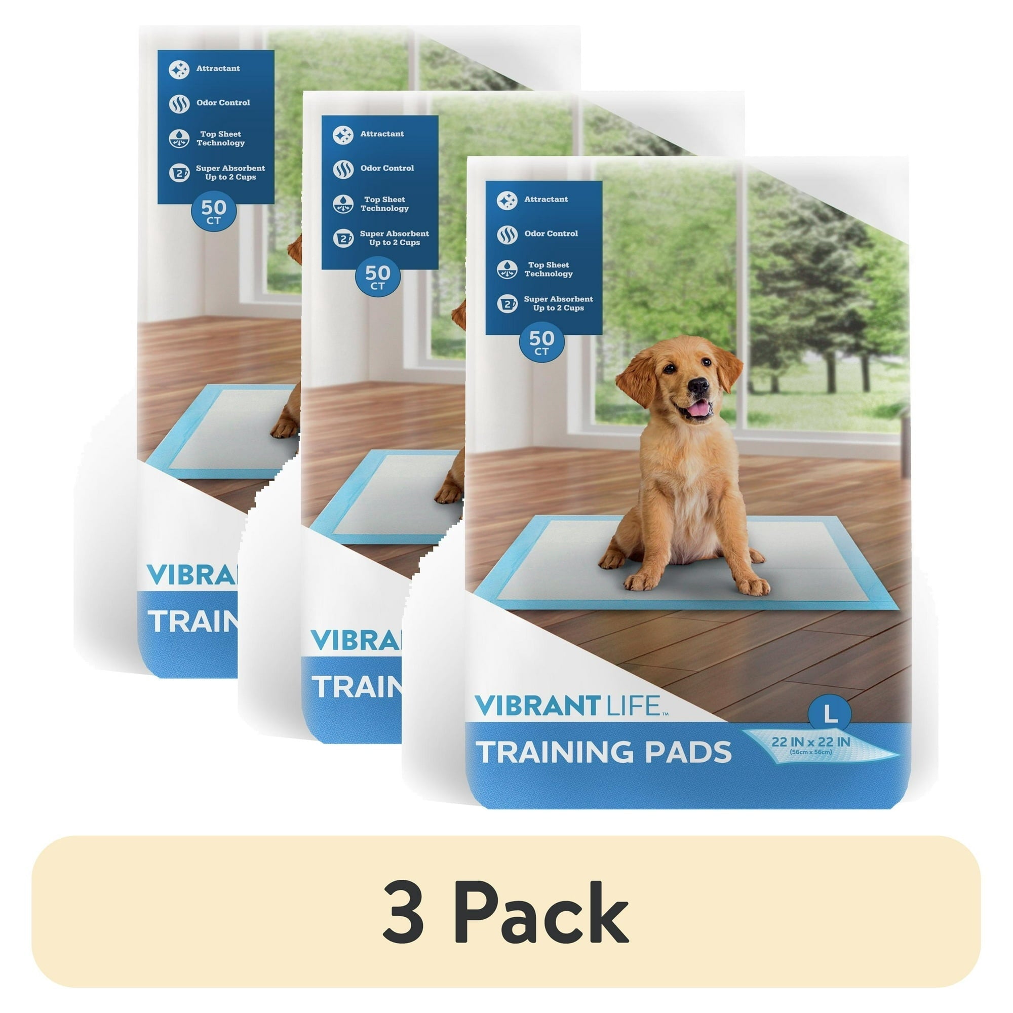 Vibrant Life Training Pads – Super Absorbent, Leak Proof, & Fast Dry Dog and Puppy Pee Pads – L 22 in x 22 in, 50 Count