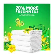 Green Gain laundry detergent marketing card with 20% more freshness and stacked towels