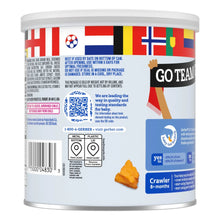 Gerber snack container back label with barcode and “Crawl er 8+ months” badge