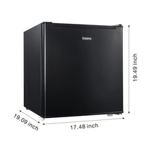 Black one-door mini refrigerator with side measurements in inches
