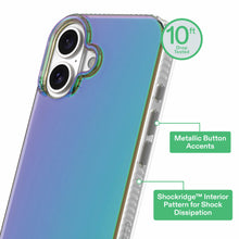Opalescent phone case with teal-to-pink gradient; dual camera cutouts and slim side buttons