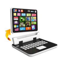 Infinifun 2-in-1 toy tablet open with raised screen and keyboard
