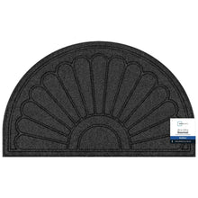 Gray semicircle door mat with sunburst pattern and rubber backing label