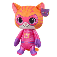 15-inch plush cat toy with side badge, orange and pink striped face, purple arms