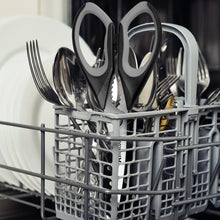 Kitchen scissors set in dishwasher rack, gray handles, serrated blades visible