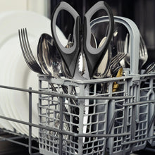 Kitchen scissors set in a dishwasher rack, with serrated blades and red-accent handles.