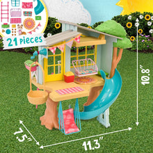 Treehouse dollhouse playset with teal spiral slide, yellow house, rooftop, and accessories