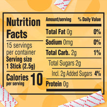 Juicy Fruit Original nutrition facts label with calories, sugars, and protein