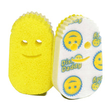 Two dish scrub sponge refill heads, one yellow and one white, with blue face print