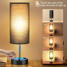 Table lamp with fabric shade and touch-control base, shown at multiple brightness levels.