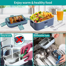 Blue electric lunch box with open lid, salad meal inside, plus spoon and fork
