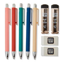 Set of five colored 0.7mm mechanical pencils with lead and eraser cartridges