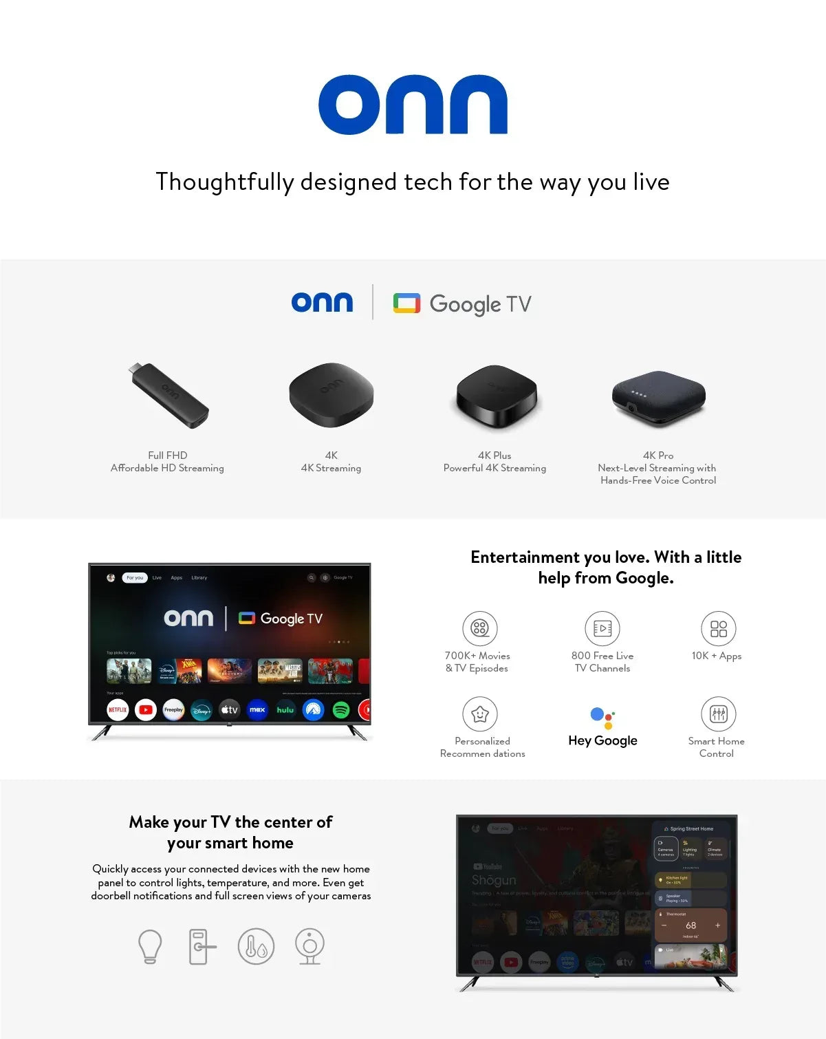 onn 4K Streaming Device, Google TV - Fast Streaming, Ultra HD, 8GB Storage, 2GB RAM, Remote with Voice Control
