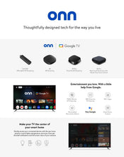 onn 4K Google TV streaming devices with voice remote and TV screen