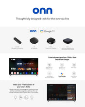 onn 4K Plus streaming device with remote, showing Google TV on TV screen