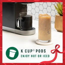 K-Cup pods offer hot or iced drinks, with a mug and glass beverages