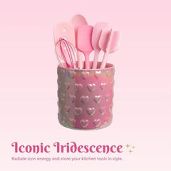 Paris Hilton Embossed Hearts Ceramic Utensil Crock, Fits Up To 18 Kitchen Gadgets, Multipurpose Holder, Decorative Vase, Pink Iridescent