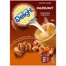 Hazelnut creamer singles box, artificial flavored, easy to dispense, 192 count