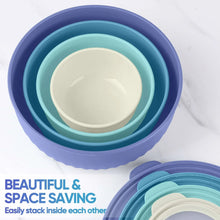 Stacked blue, teal, and white plastic nesting mixing bowls with lids