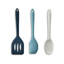 Silicone mini kitchen utensils: dark blue slotted spatula, light blue spatula, white spoon