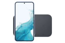 Wireless charging duo dock holding a smartphone against the dark pad
