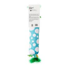 Fish bone kicker cat toy package with blue polka dot backing and green pom pom