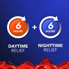 Cold & flu relief graphic showing 6 hours daytime relief and 6 hours nighttime relief