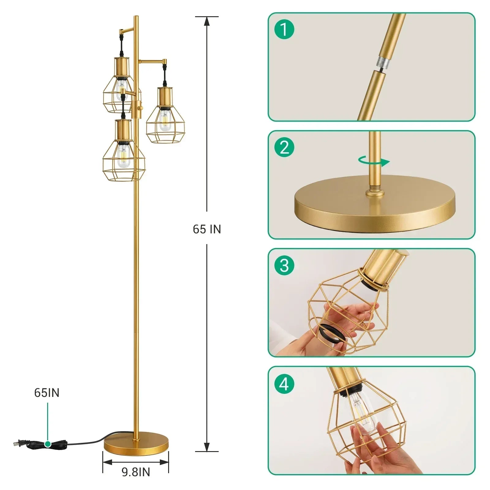 EDISHINE 65IN Farmhouse Industrial Black Floor Lamps for Living Room, Dimmable, Metal Standing Tree Lamp for Bedroom, Office, Home Decor, Lighting, 3 LED Bulb Included - USA MEGA SHOP
