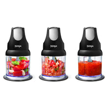 Ninja food processor chopper with clear bowls filled with red and green ingredients