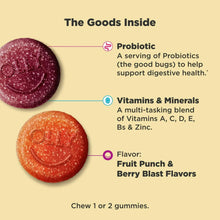 Berry-flavored probiotic gummies: two round fruit-flavored gummy pieces shown