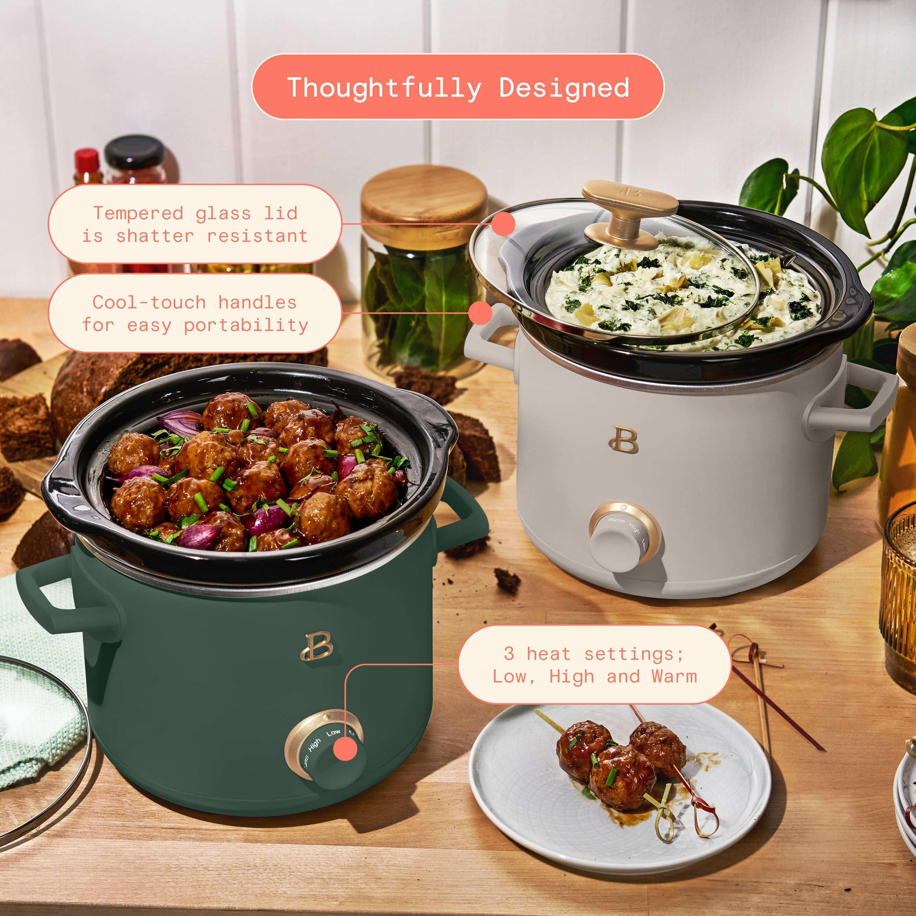 Beautiful 2 Qt Manual Slow Cooker, 2-Pack, Thyme Green + Porcini Taupe by Drew Barrymore - USA MEGA SHOP