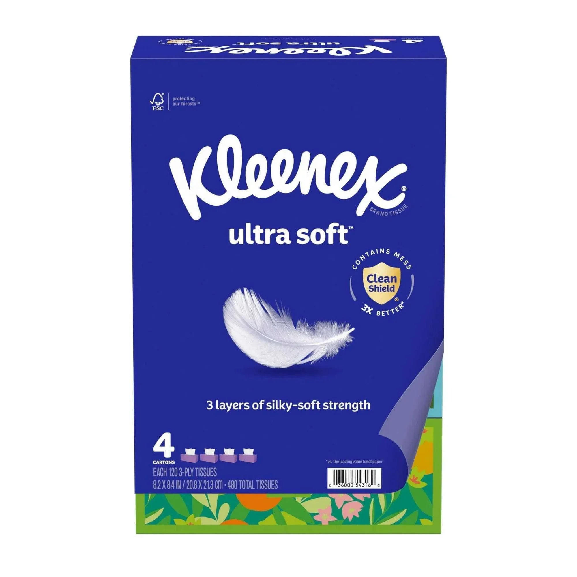 Kleenex Ultra Soft Facial Tissues, 4 Flat Boxes, 120 Tissues per Box, 3-Ply - USA MEGA SHOP