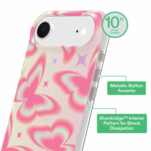 Clear phone case with pink butterfly and star pattern; metallic button accents