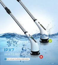 White cordless spin scrubber with round brush head and water splash