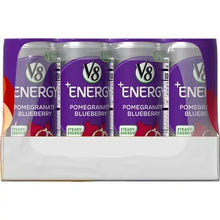 V8 Energy cans in a tray showing Pomegranate Blueberry flavor labels