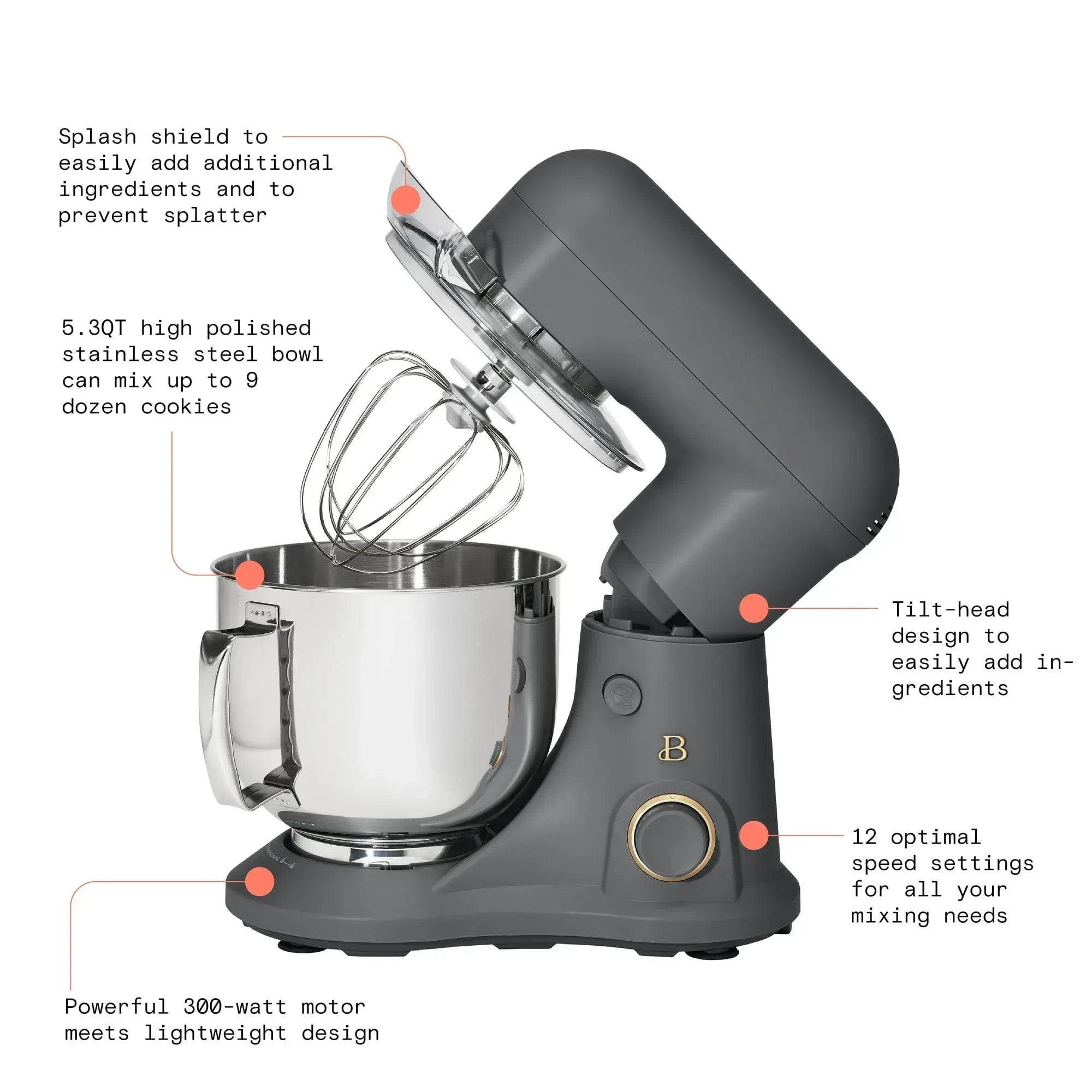 Beautiful 5.3 Qt Stand Mixer, Black Sesame with Flat Beater, Dough Hook, Balloon Whisk