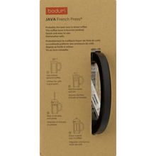 French press coffee maker box side with illustrated instructions and black handle.