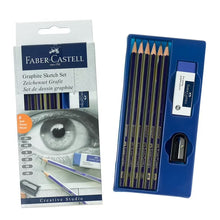 Faber-Castell graphite sketch set box with 6 blue pencils and label sleeve