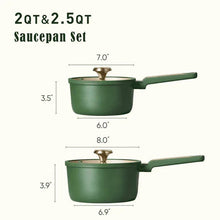 Green nonstick saucepan set showing 2 qt and 2.5 qt sizes with lids