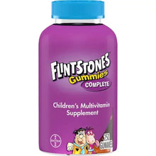 Children's multivitamin gummies bottle, purple with blue cap; Flintstones Complete label