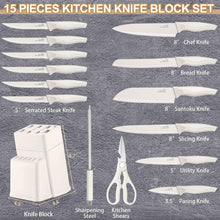 15-piece kitchen knife block set with white knives and a white storage block