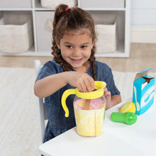 Lemonade pretend play toy pitcher pouring action with child, plus pink cups and blue carton