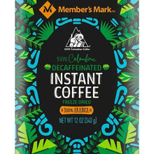 Instant coffee container label, green and black design reading 100% Colombian decaffeinated