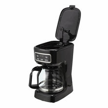 Black programmable drip coffee maker with open lid and glass carafe